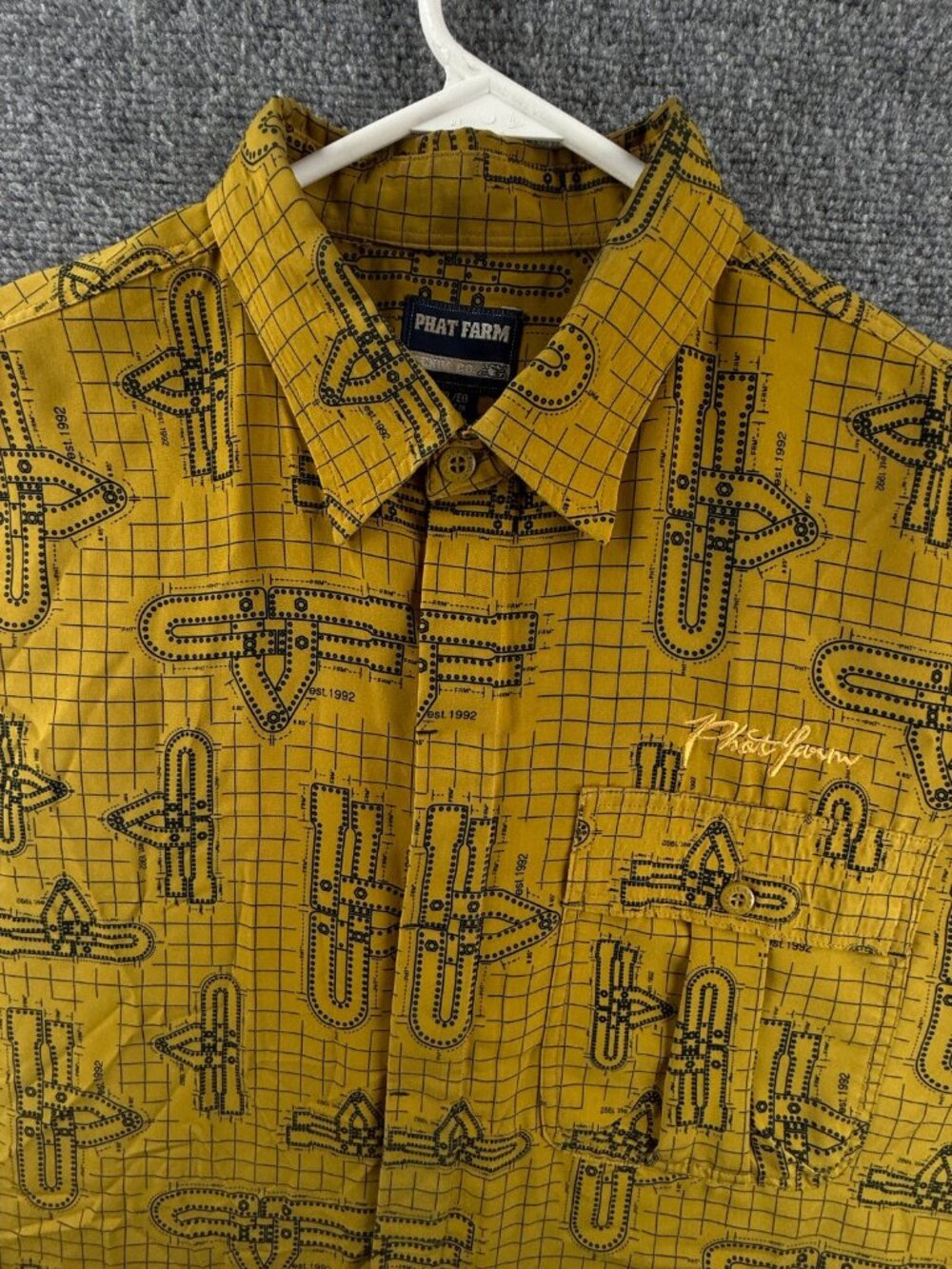 VTG Phat Farm Y2K Gold AOP Button Up Shirt Long Sleeve XL Polyester EST 1992